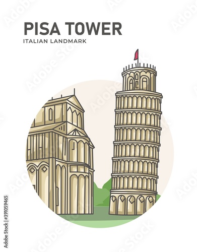 Pisa Tower Italian Landmark Minimalist Cartoon Illustration