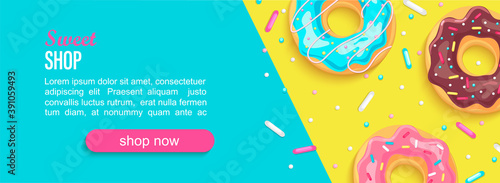 Sweet shop horizontal banner with donuts and place for text for your design. Great for kids menu, caffee, posters, web, cards, cafeteris advertise.Template vector illustration.
