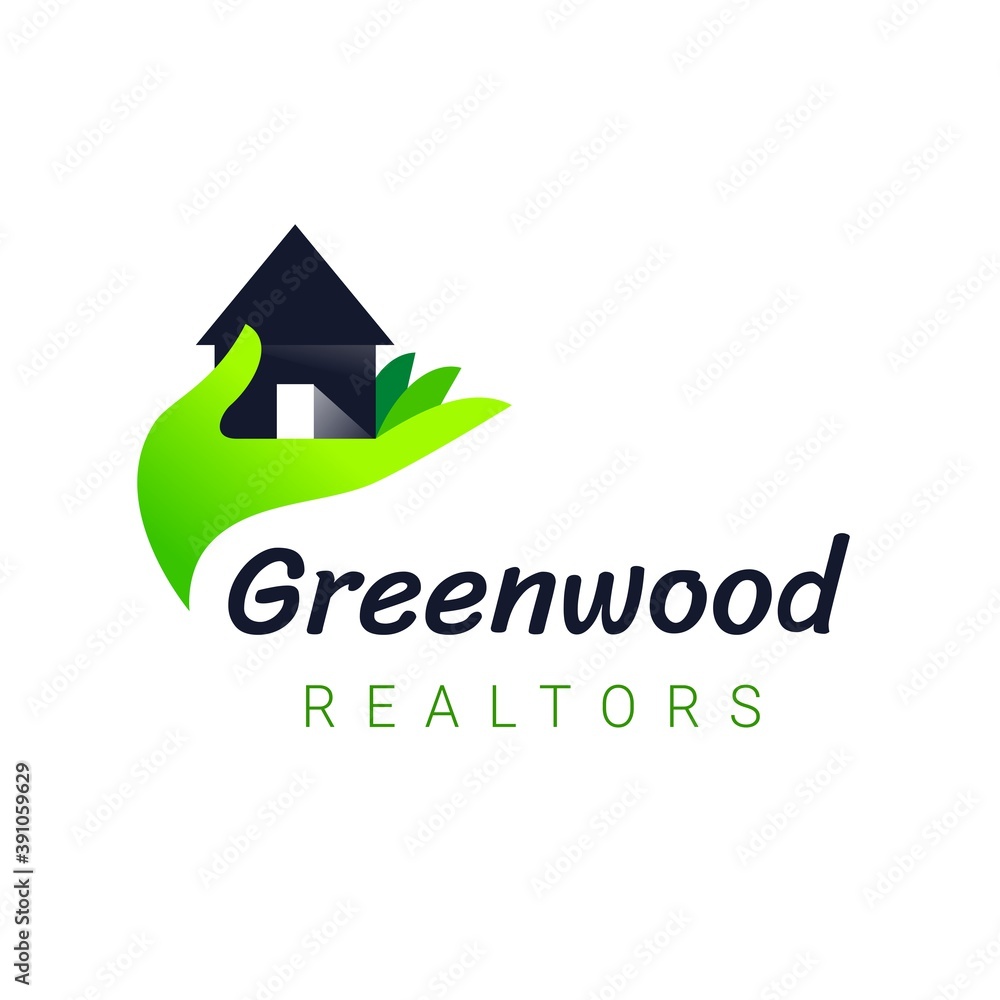Vector color real estate logo with hand holding home and word greenwood