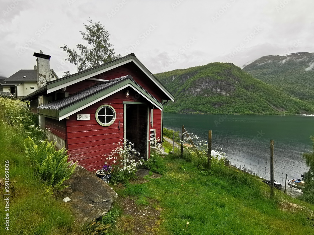 little fishing hut in a fjord at Bjorke, Norway