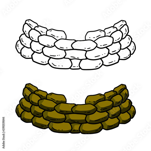 Barricade of sandbags. Modern warfare. Wall of the bag. Outpost and barrier. Set of cartoon illustration. Fortified point. Defense construction