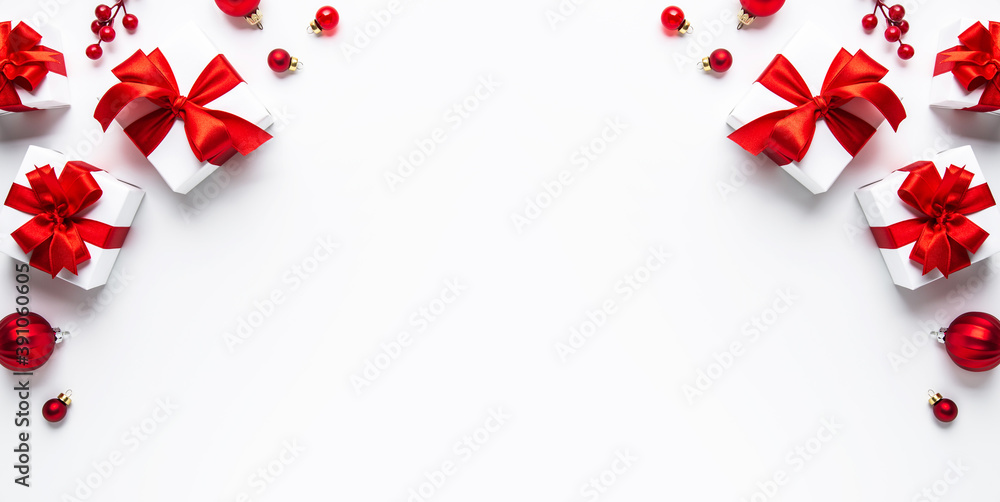 Merry Christmas and Happy Holidays greeting card, frame, banner. New Year. Noel. Red Christmas ornaments and gift on white background top view. Winter xmas holiday theme. Flat lay
Merry Christmas and Happy Holidays greeting card, frame, banner. New Year. Noel. Red Christmas ornaments and gift on white background top view. Winter xmas holiday theme. Flat lay