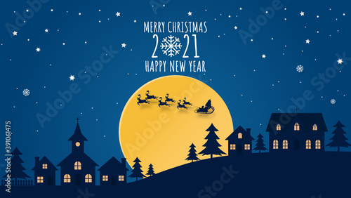 Santa claus on the sky coming city village with christmas tree in night time with snowfall. Christmas season and Happy new year season