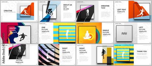 Presentation design vector templates, multipurpose template for presentation slide, flyer, brochure cover design. Abstract colored sport backgrounds in unique style for sport event, fitness design.