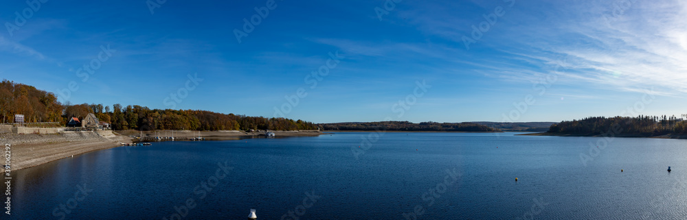 Panorama view of lake at Moehnetalsperre, water reservoir, in Sauerland region, Germany
