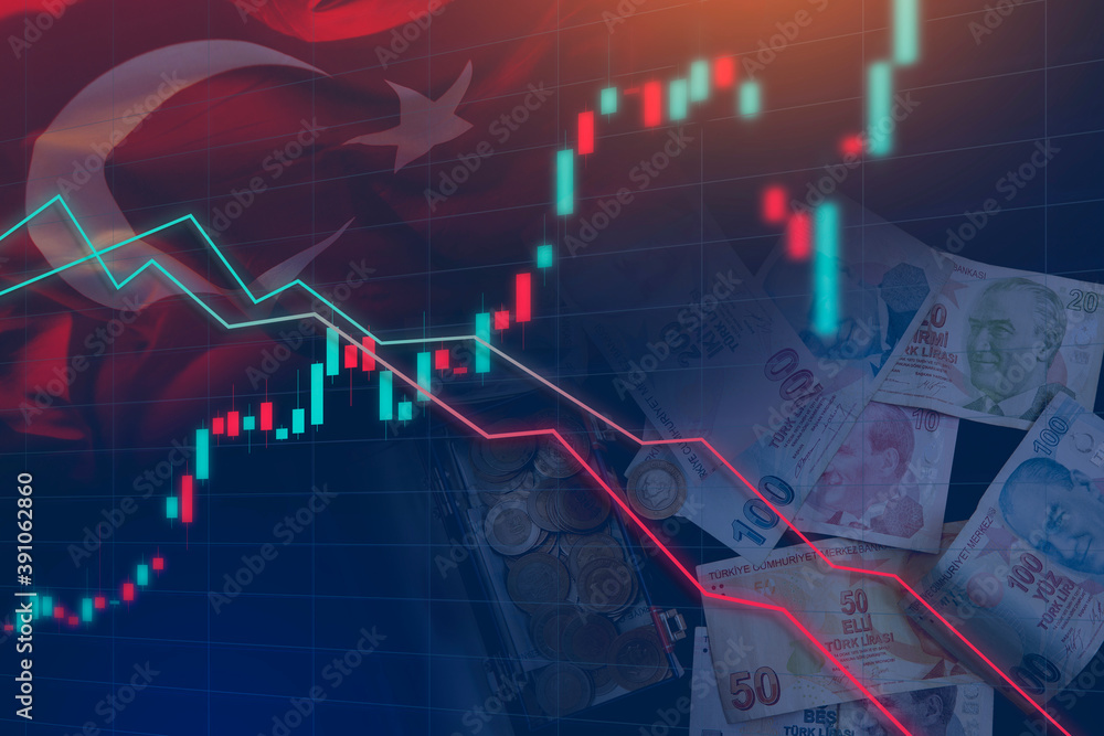 Turkish Lira Exchange currency rate fall. Graph Falling Down, crisis concept. Turkey flag, currency, stock market, exchange economy Turkish Lira Exchange currency rate fall. Graph Falling Down, crisis concept. Turkey flag, currency, stock market, exchange economy