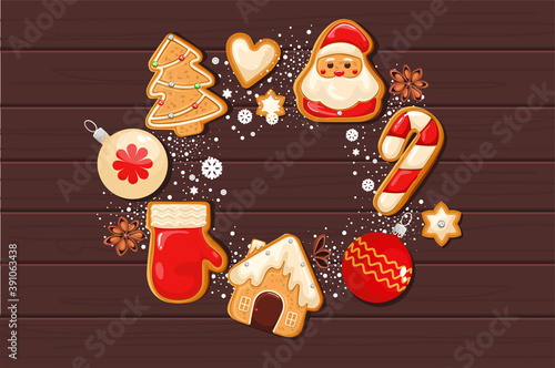 Christmas gingerbread cookies background in a round shape, for use as a poster or background. Decorated with snow, snowflakes and beads.