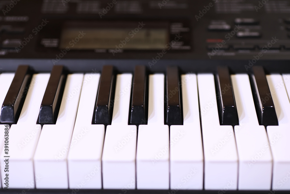 Old piano keys. close up view.effect back and white color, musical instrument background concept Old piano keys. close up view.effect back and white color, musical instrument background concept