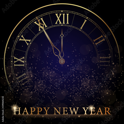 Golden Clock Dial with Roman Numbers on Magic Christmas Glitter Background. New Year Countdown and chimes. Five minutes before twelve. Vector