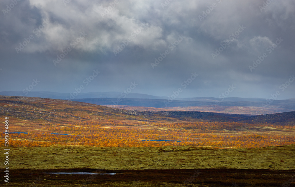 Storm clouds over the tundra in autumn. Kola Peninsula, Russia.