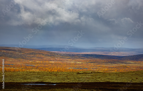 Storm clouds over the tundra in autumn. Kola Peninsula, Russia.