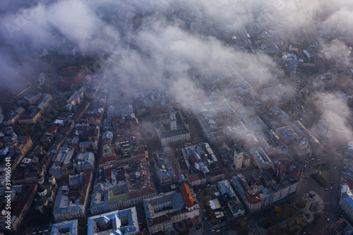 Aerial view on Lviv  Ukraine  through clouds