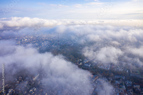 Aerial view on Lviv (Ukraine) through clouds