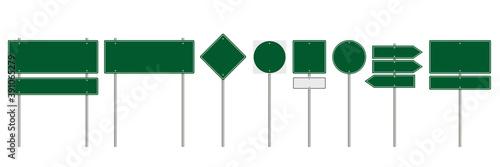 Collection of blank green road sign or Empty traffic signs isolated on white background