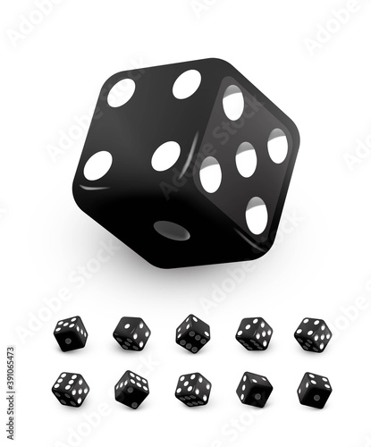 Black dice cubes for gambling set. Casino craps and playing games vector illustration. Poker cubes rolling and throwing, random numbers with dots isolated on white background.