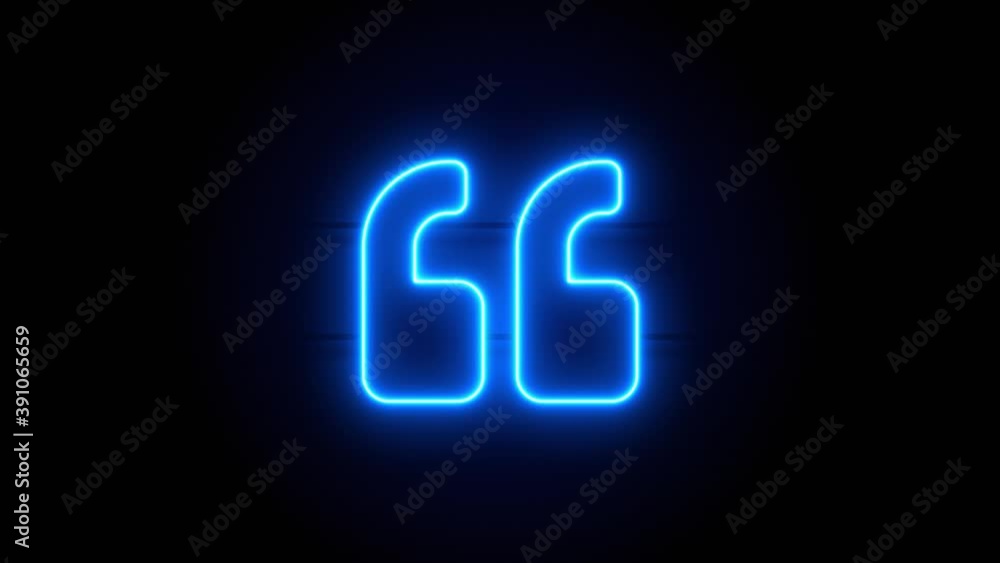 Quote Left neon sign appear in center and disappear after some time. Animated blue neon icon on black background. Looped animation. Quote Left neon sign appear in center and disappear after some time. Animated blue neon icon on black background. Looped animation.