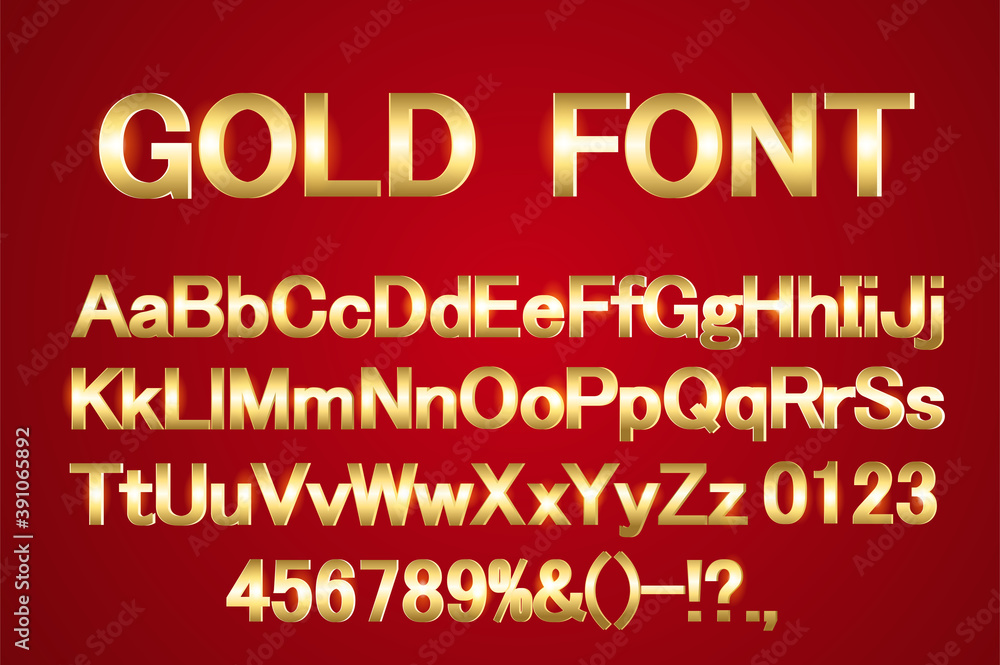 Shiny modern gold font isolated on red background. Vintage golden 3d numbers and letters.