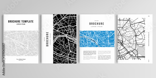 Realistic vector layouts of cover mockup design templates in A4 format with urban city map of Paris for brochure  cover design  flyer  book design  magazine  poster.