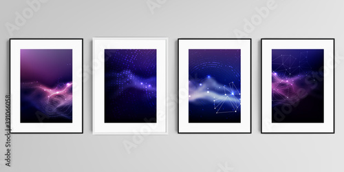 Realistic vector set of picture frames in A4 format isolated on gray background. Digital data visualization, polygonal science dark background.