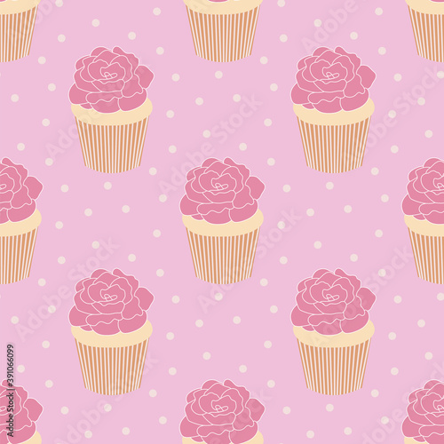 Seamless pattern of cupcakes with roses on top on a cute polka dot pink background.