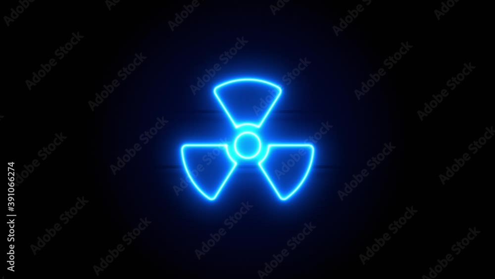 Radiation neon sign appear in center and disappear after some time. Animated blue neon icon on black background. Looped animation. Radiation neon sign appear in center and disappear after some time. Animated blue neon icon on black background. Looped animation.