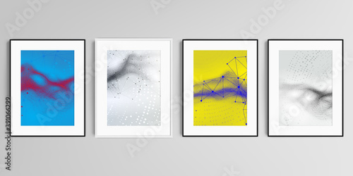 Realistic vector set of picture frames in A4 format isolated on gray background. Colorful wavy particle surface background for technology or science cyber space concept.