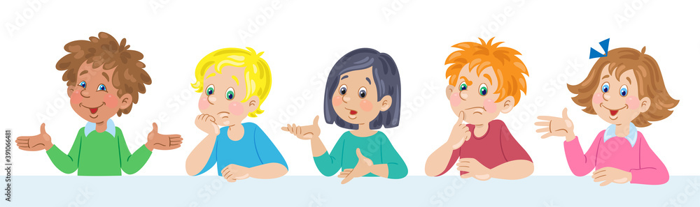 Children of different nationalities and different facial expressions. Various emotions. In cartoon style. Isolated on white background. Vector flat illustration. Children of different nationalities and different facial expressions. Various emotions. In cartoon style. Isolated on white background. Vector flat illustration.