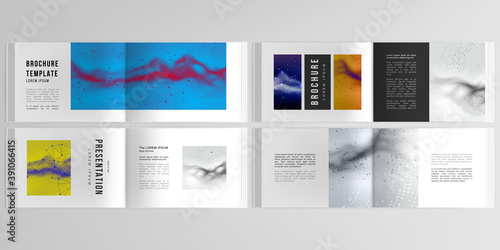 Vector layouts of horizontal presentation templates for landscape design brochure, cover design, flyer, book. Colorful wavy particle surface background for technology or science cyber space concept.