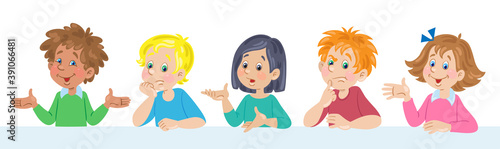 Children of different nationalities and different facial expressions. Various emotions. In cartoon style. Isolated on white background. Vector flat illustration.