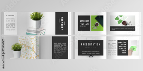 Vector layouts of horizontal presentation design templates for landscape design brochure, cover design, flyer, book design, magazine. Home office concept, study or freelance, working from home.