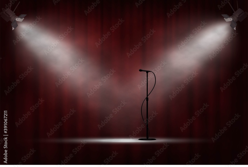 Microphone standing on stage in spotlight, red curtain background. Comedy show opening, celebration event, announcement, performance vector illustration. Ceremony invitation scene - obrazy, fototapety, plakaty 