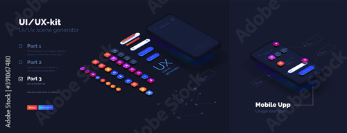 Toolkit-UI/UX scene creator. Part 3 Mobile application design. Smartphone mockup with active blocks and connections. Creation of the user interface. Modern vector illustration isometric style