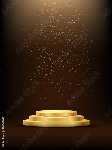 Golden three step podium under falling gold glitter isolated on dark background. Vector illustration.