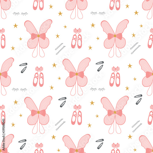 Seamless pattern of ballerina accessories including fairy wings, ballerinas, hair pins, hair clip, eyelashes and stars