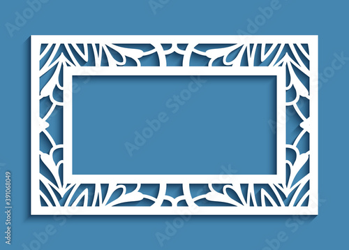 Rectangle frame with ornamental lace border. Cutout paper decoration for wedding invitation card design. Elegant template for laser cutting. 