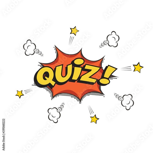 Quiz game show retro background. Vintage trivia night poster in pub. Marketing design vector illustration. Yellow text isolated on white background. Cartoon old banner for competition