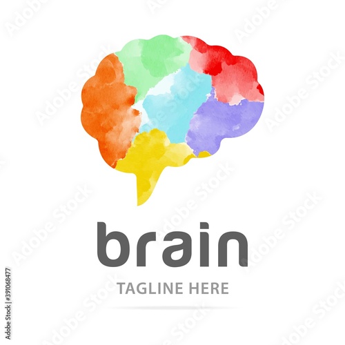 Abstract art watercolor human brain logo with paint colorful background. Creative design template sign mind, symbol people IQ, art therapy, icon brain. Logotype startup, business development  company.