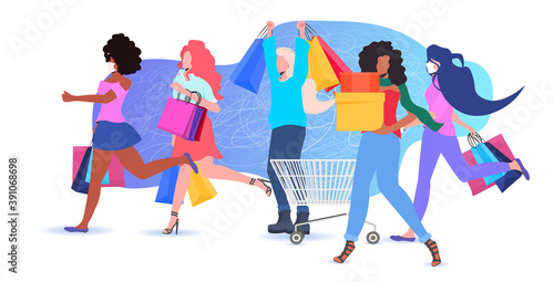 mix race women holding shopping bags black friday big sale promotion discount concept full length horizontal vector illustration