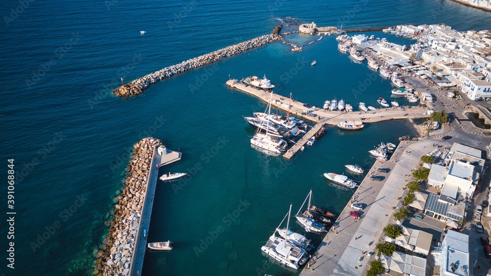Aerial view of the pier with Paros island on a Naousa village