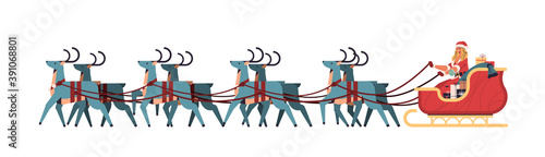 girl in santa claus costume riding sledge with reindeers happy new year and merry christmas banner holiday celebration concept horizontal vector illustration
