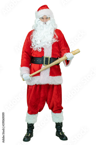 Angry, aggressive bad Santa holds baseball bat. Santa Claus is holding baseball bat on white background. Christmas coming