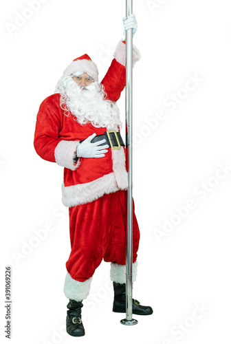 Santa is pole dancer, dancing with pylon. Funny Santa Claus dances with pole on white background. Christmas coming