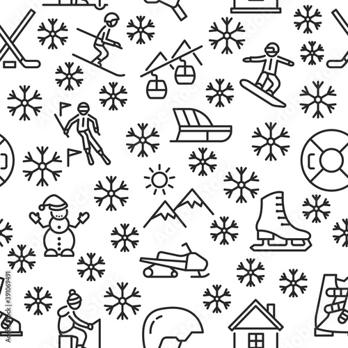 Winter fun seamless pattern with flat line icons. Vector illustration ski resort symbols on white background included skier, slalom, snowboarder, cableway, equipment