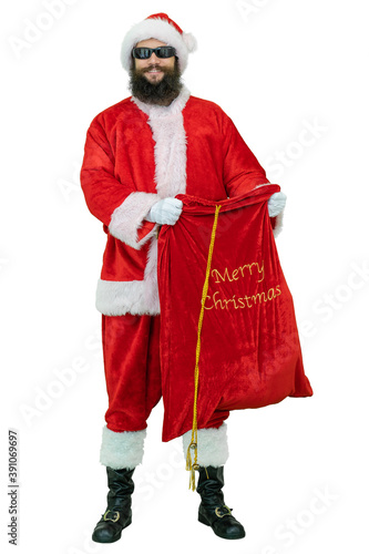 Santa with presents sack. Arabic young Santa Claus with black beard holds gifts bag on white background. Christmas coming