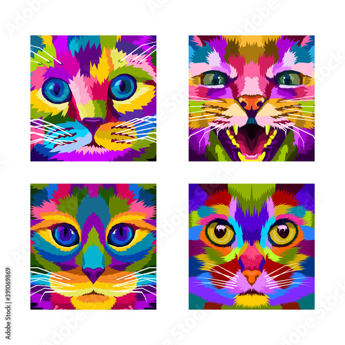 group cat lover close up pop art portrait premium vector, posters design animal premium, colorful animals pop art