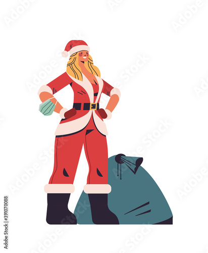 beautiful woman in santa claus costume standing near sack full of gifts happy new year merry christmas holiday celebration concept full length vector illustration