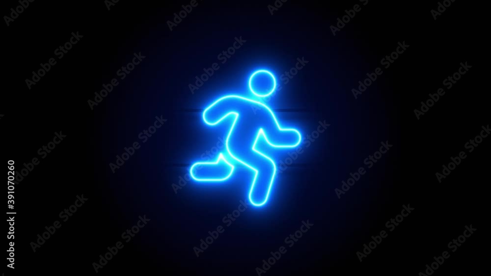 Running neon sign appear in center and disappear after some time. Animated blue neon icon on black background. Looped animation. Running neon sign appear in center and disappear after some time. Animated blue neon icon on black background. Looped animation.