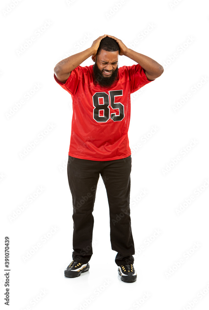Fan: Man In Jersey Frustrated With Football Game With Hands On Head Fan: Man In Jersey Frustrated With Football Game With Hands On Head