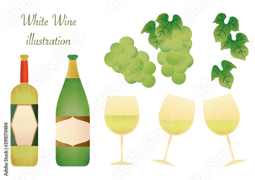 set illustration of white wine bottles and glasses