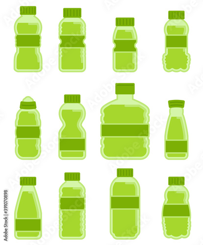 Vector green plastic bottle with flat cap set design.